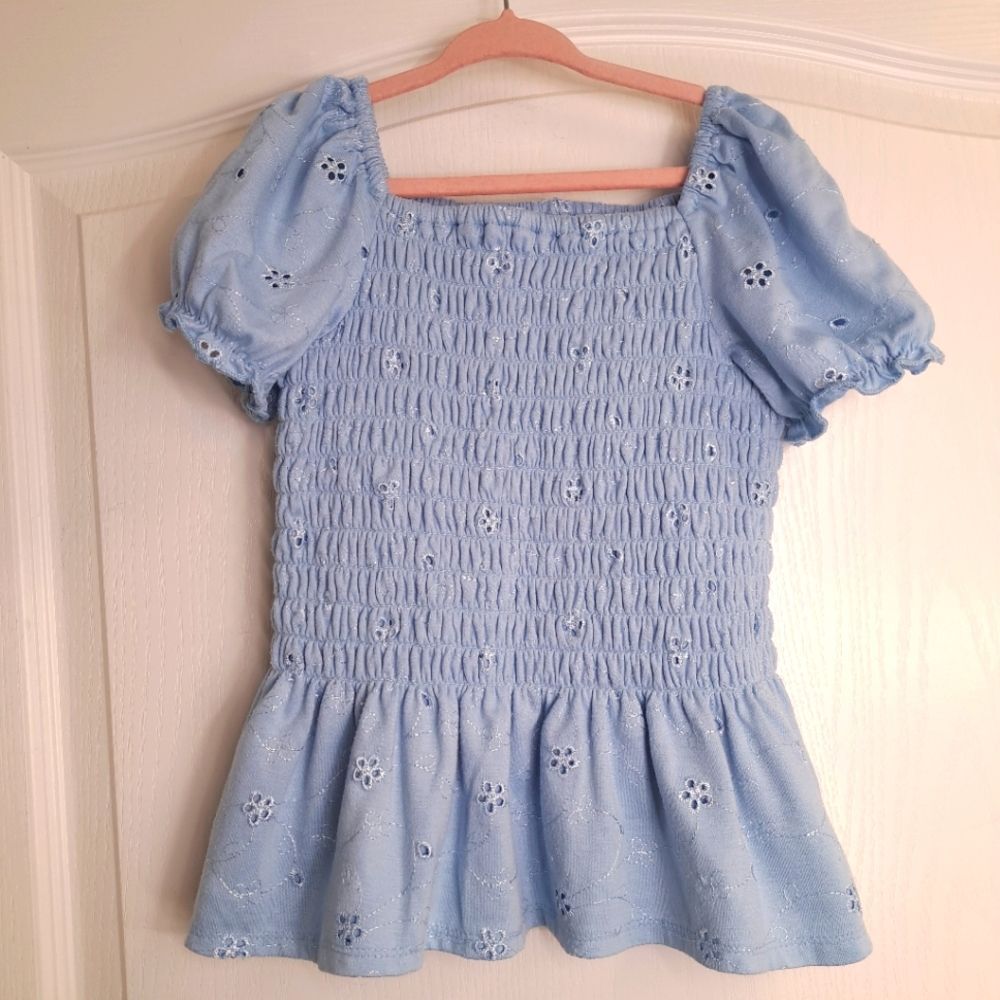Blue Shirred Peasant Blouse with Peplum Lace